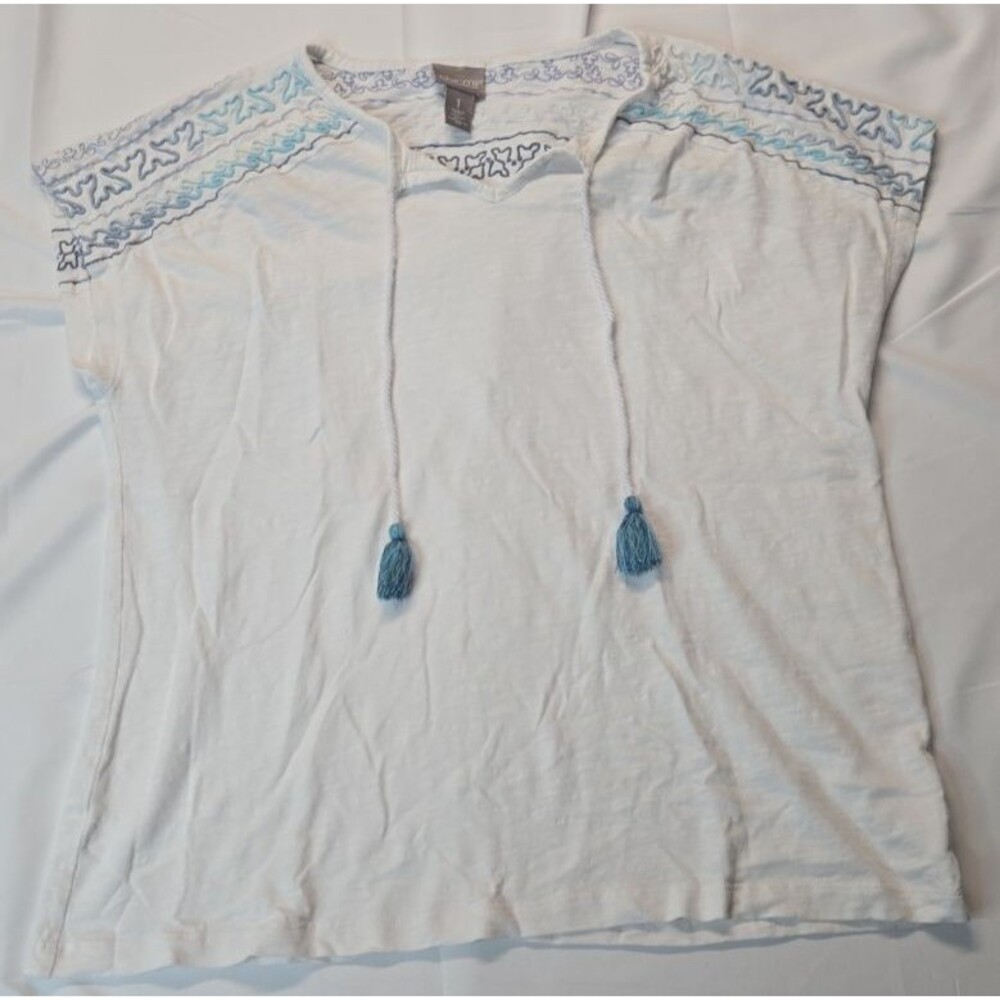 Chico's Peasant Blouse Womens Embroidered Top Size 1 White Blue Tie Neck Tassels